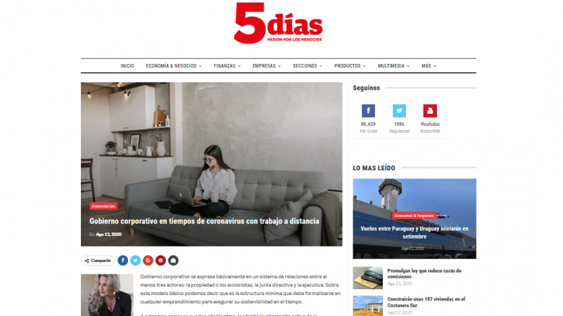 Artigo “Gobierno corporativo en tiempos de coronavirus con trabajo a distancia” no jornal 5 Días