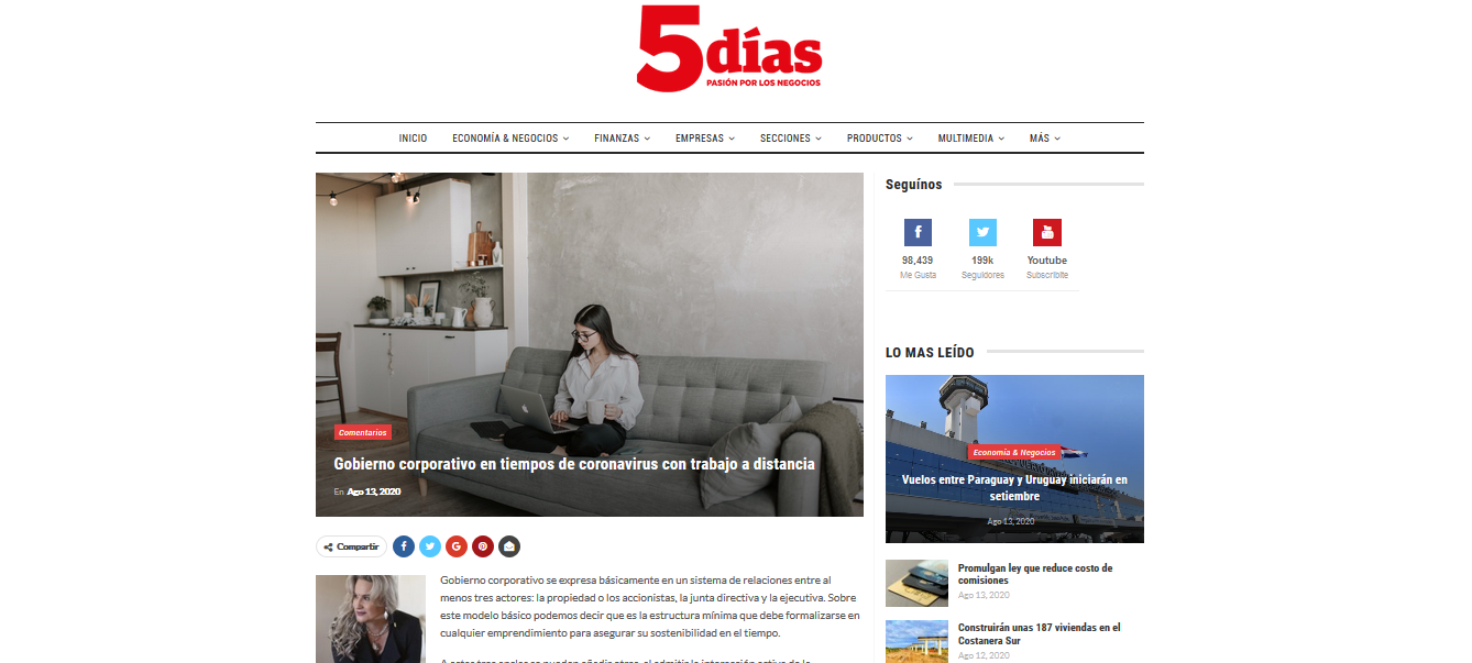 Artigo “Gobierno corporativo en tiempos de coronavirus con trabajo a distancia” no jornal 5 Días