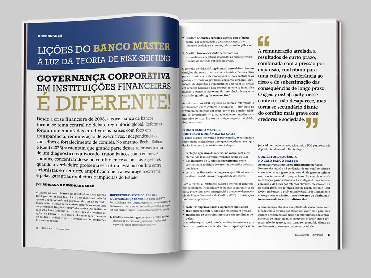 Artigo para a revista RI: Governança em Instituições Financeiras é Diferente: Lições do Banco Master à luz da teoria de risk-shifting